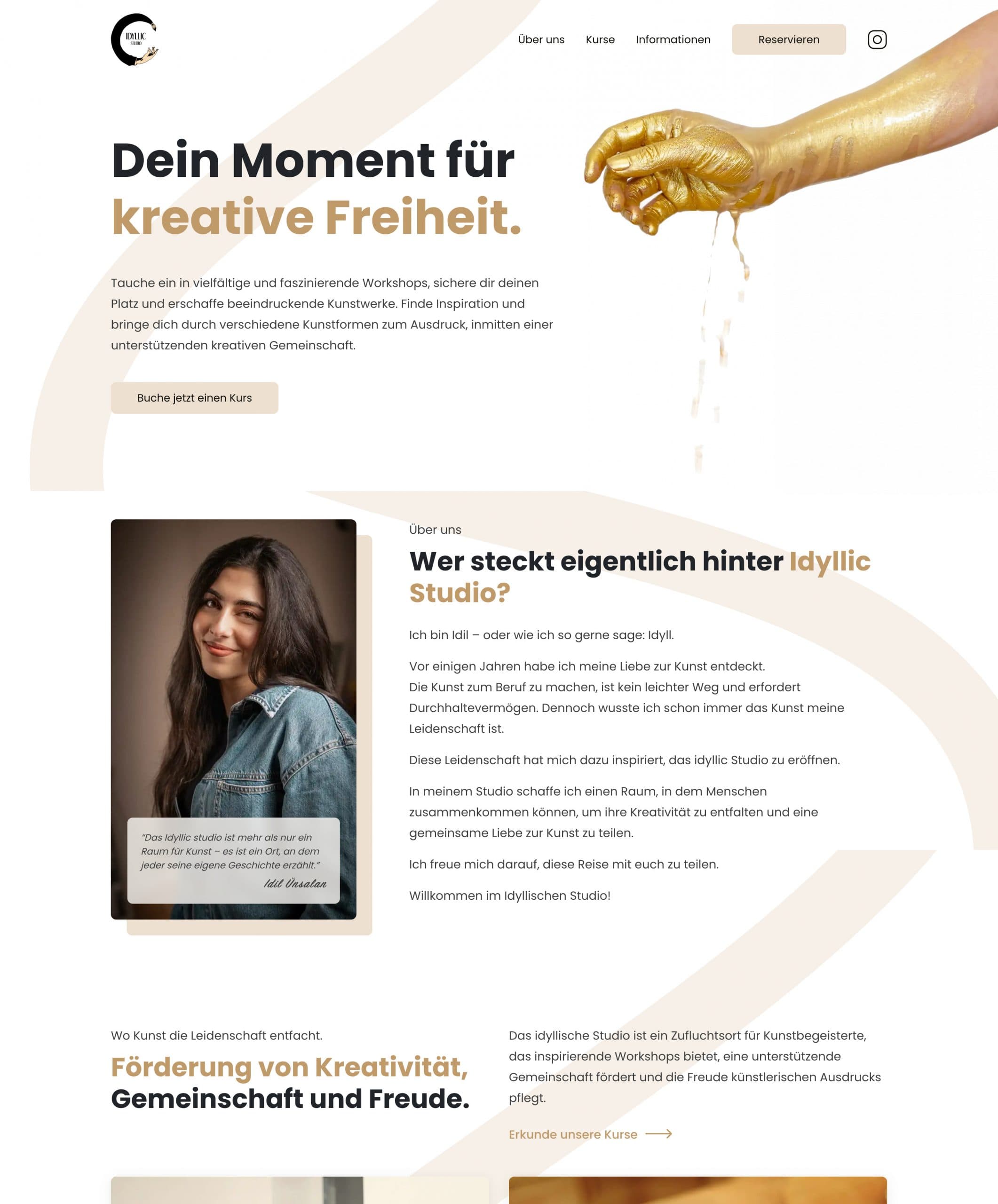 Startseite des Idyllic-Studio mit warmem Cremeton, Keramik-Skulptur und Headline 'Dein Moment für kreative Freiheit'